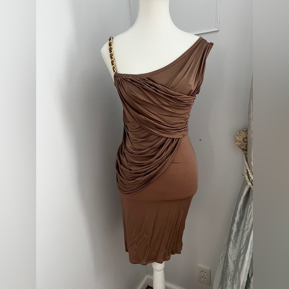 NEW beige / light brown with gold accents stretchy material knee-length dress